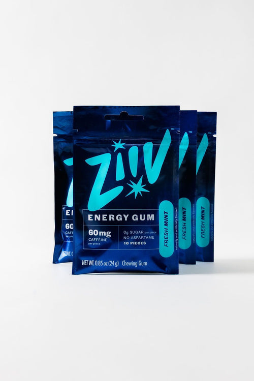Four packs of Ziiv Fresh Mint energy gum, 40 pieces total