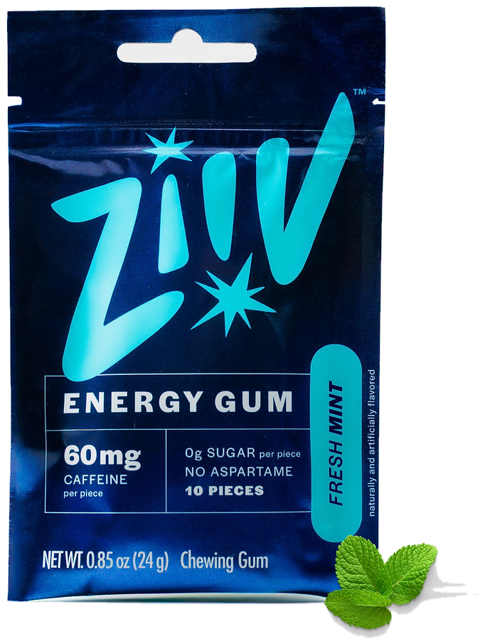 Ziiv Energy Gum fresh mint pouch with a sprig of mint — 60mg caffeine per piece, 10 pieces